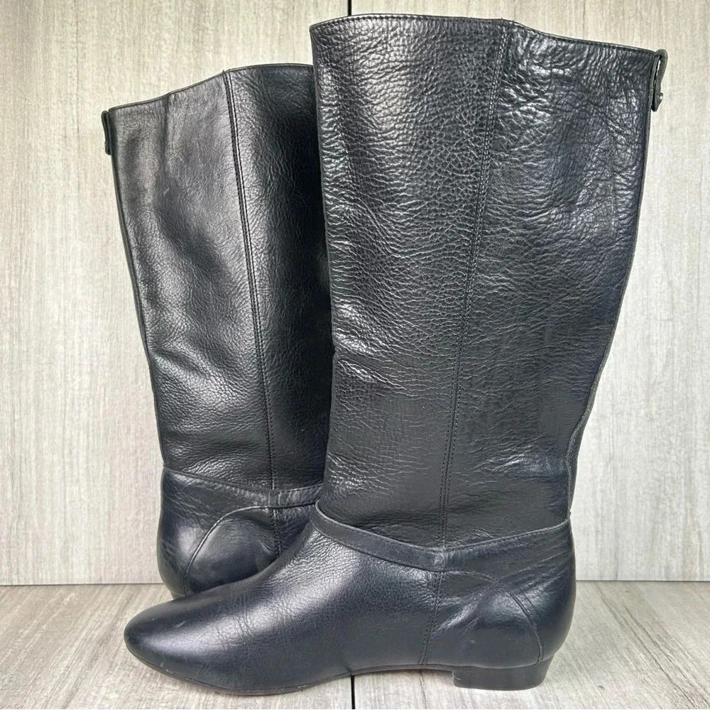 Frye Bonnie Black Leather Low Heel Flat Mid Calf Tall Ring Boots Women’s Size 6 - Picture 2 of 10